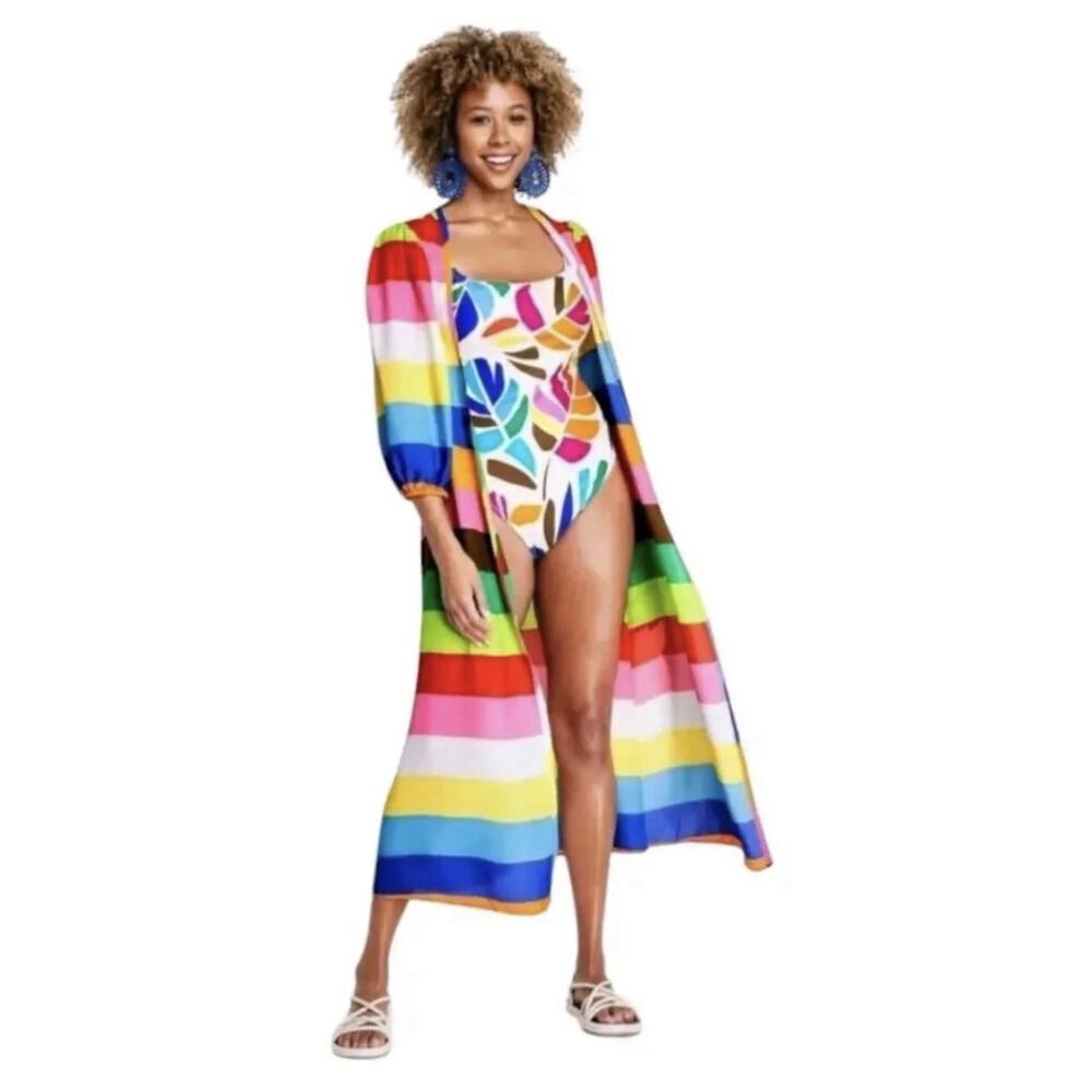 Tabitha Brown x Target Women's M Rainbow Stripe Swim Cover Up Wrap Dress Robe